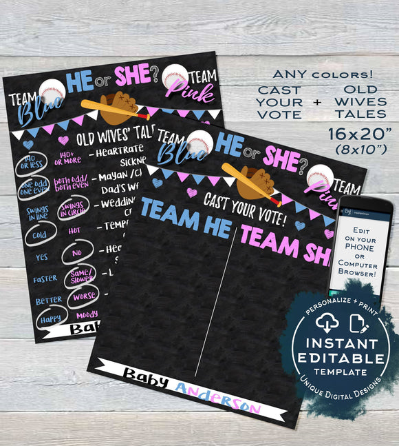 Gender Reveal Cast Vote Sign, Editable Baseball Baby Board He or She Chalkboard, Exploding Ball, What will Baby Printable