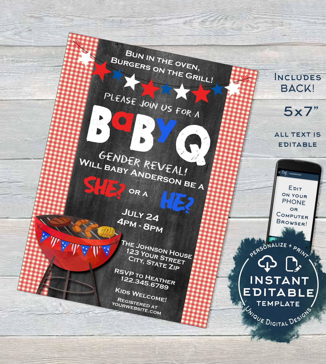 BabyQ Gender Reveal Invitation Red or Blue Baby Shower Girl or Boy Par