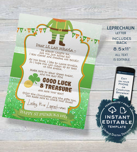 Editable Leprechaun Letter, St Patrick's Day Note, Lucky Irish Leprechaun Trap Message, Personalized Printable Custom