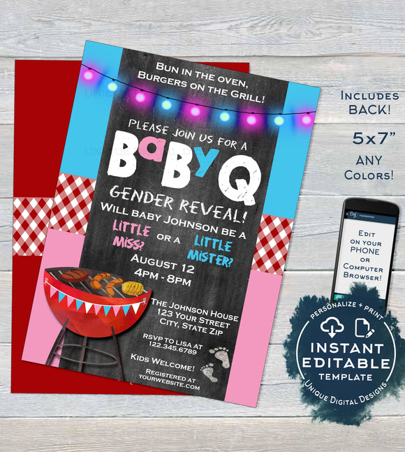 BabyQ Gender Reveal Invitation, Editable He or She BBQ, Pink Blue Baby Shower, Girl or Boy co-ed barbeque Printable Custom