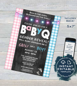 BabyQ Gender Reveal Invitation, Editable He or She BBQ, Pink or Blue Baby Shower Party, Gingham Printable Chalkboard Custom