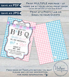 Editable BabyQ Gender Reveal Invitation, He or She BBQ, Pink or Blue Baby Shower Party, Gingham Printable Chalkboard Custom