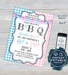 Editable BabyQ Gender Reveal Invitation, He or She BBQ, Pink or Blue Baby Shower Party, Gingham Printable Chalkboard Custom