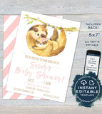Sloth Baby Shower Invitation, Editable Girls Sloth Baby Shower Invite, Hang out Baby Sloth, Custom Printable