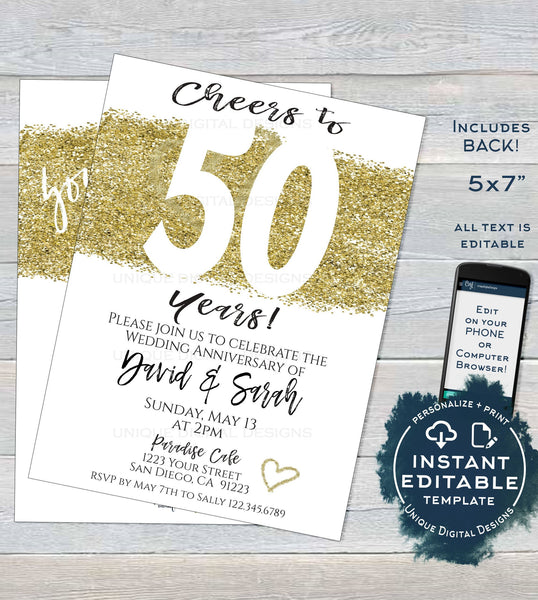 50 year Anniversary Invitation Fiftieth Golden Wedding Anniversary 50t