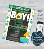 Holy Guacamole Baby Shower Invitation, Editable Avocado Baby Boy Invite, Cinco de Mayo Fiesta Chalkboard Custom Printable