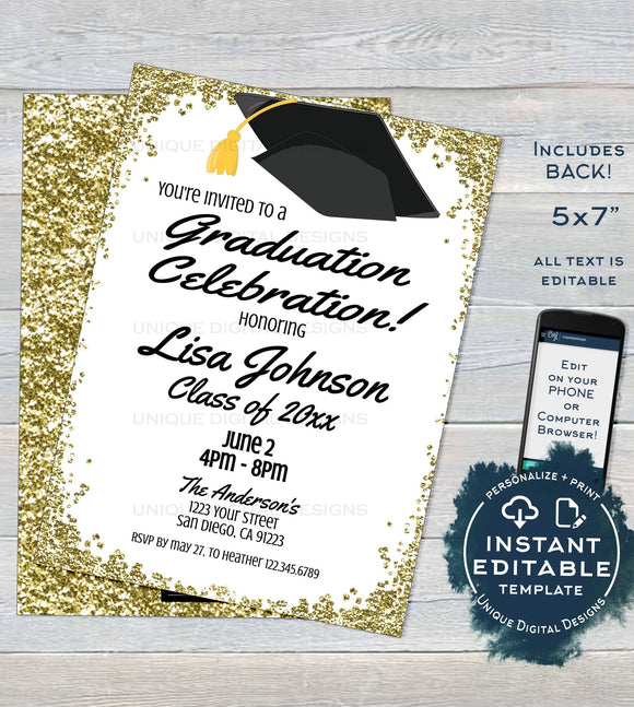 Graduation Party Invitation, Editable Grad Announcement Card Gold Clas Graduation Party Invitation, Editable Grad Announcement Card Gold Clas