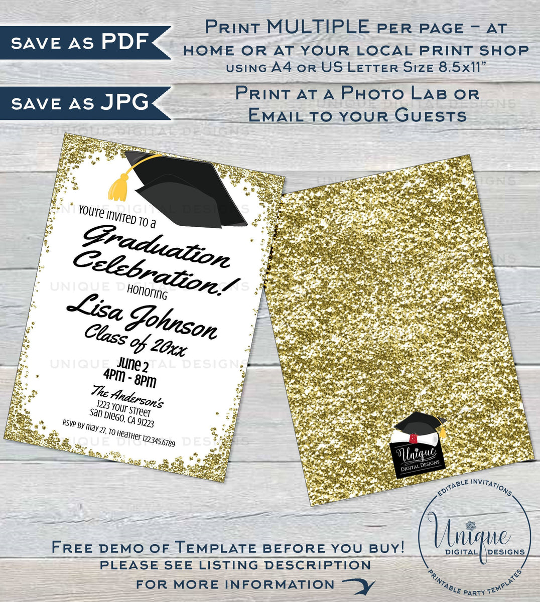 Graduation Party Invitation, Editable Grad Announcement Card Gold Clas