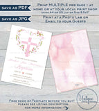 Editable Pink Floral Baptism Invitation , Baby Girl Baptism Invite with Monogram, Heart Cross Printable Christening