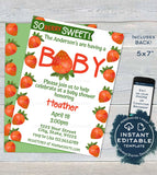 Strawberry Baby Shower Invitation, Editable So Berry Sweet Baby Shower Invite, Neutral Farmers Market Chalkboard, Printable