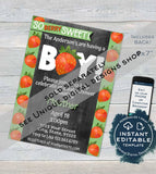 Strawberry Baby Shower Invitation, Editable So Berry Sweet Baby Shower Invite, Neutral Farmers Market Chalkboard, Printable