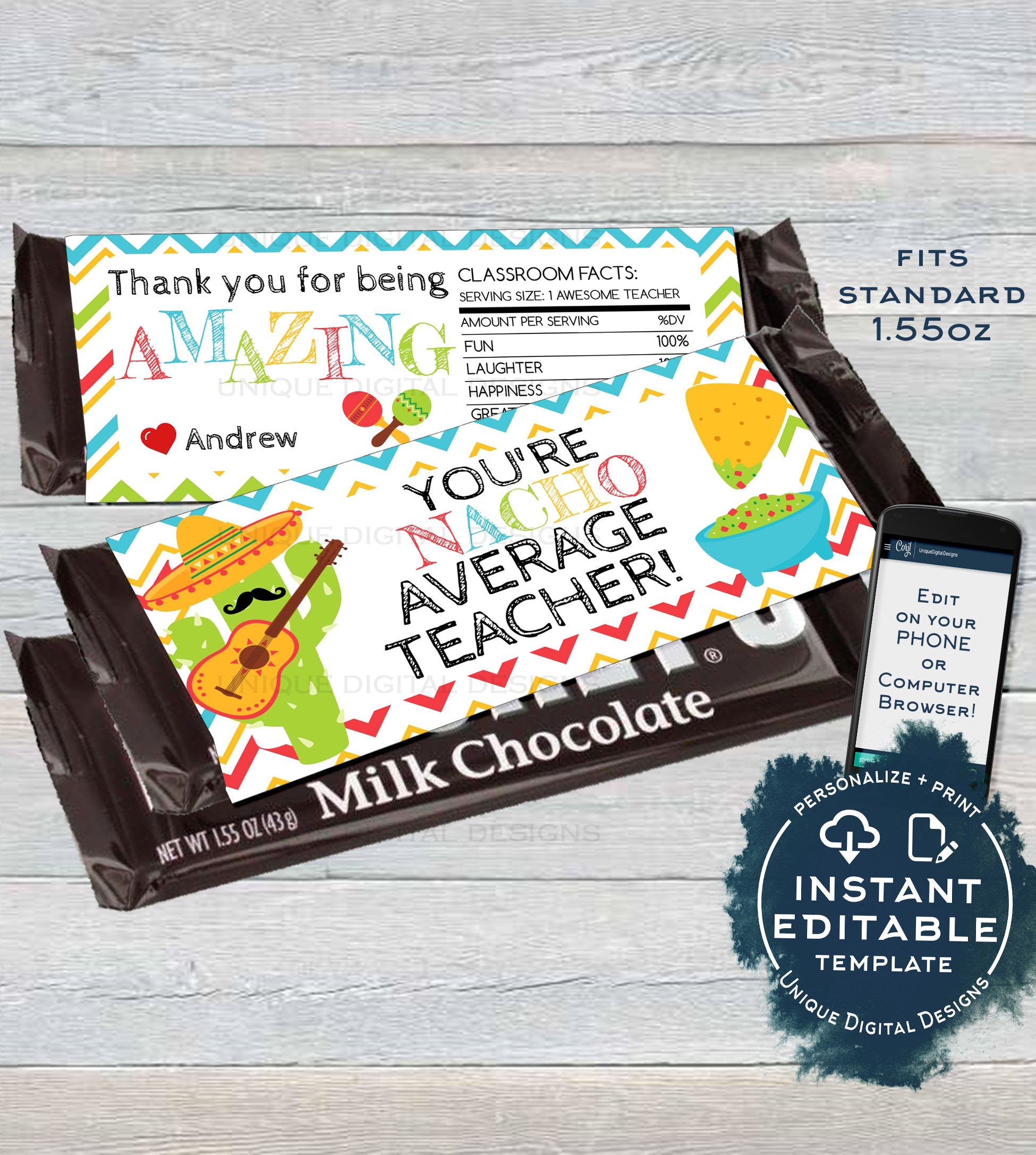 Teacher Appreciation Printable Gift, Editable Candy Bar Wrapper Teache