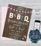 Rustic BabyQ Gender Reveal Invitation, Editable He or She BBQ, Pink or Blue Baby Shower Party, Wood Personalized Printable