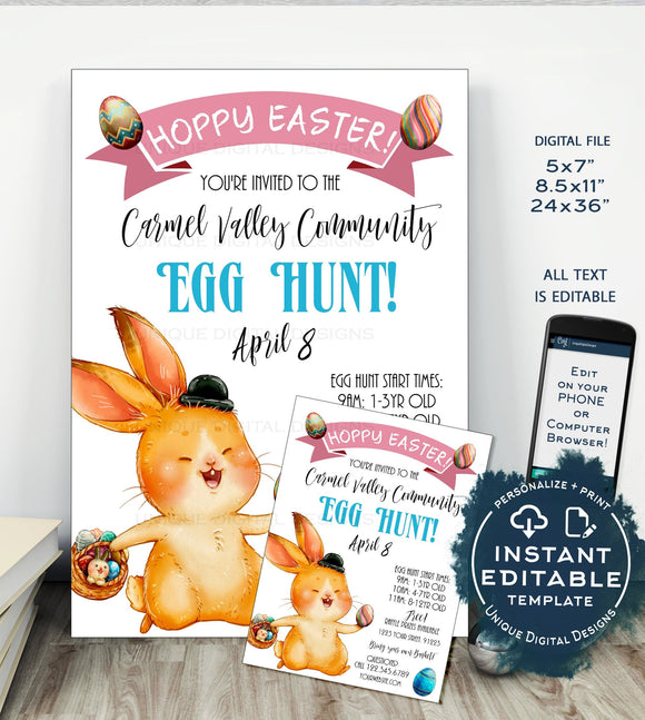 Easter Egg Hunt Festival Flyer, Editable Happy Easter Egg Invitation,  Spring Printable School Easter Poster, PTA Community Church