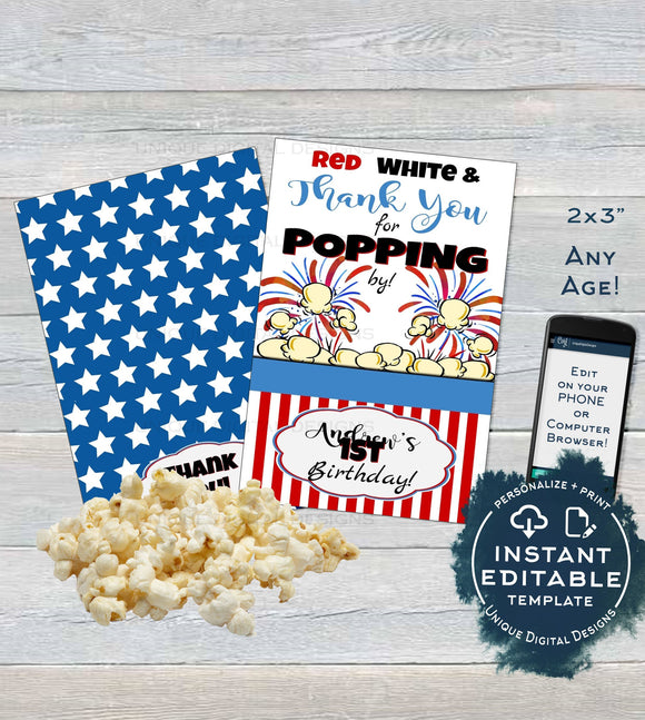 4th of July Popcorn Tag, Editable Popcorn Party Favor Labels, Food Tag Birthday Thank You for Poppin By, Printable Custom