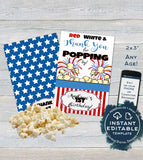 4th of July Popcorn Tag, Editable Popcorn Party Favor Labels, Food Tag Birthday Thank You for Poppin By, Printable Custom