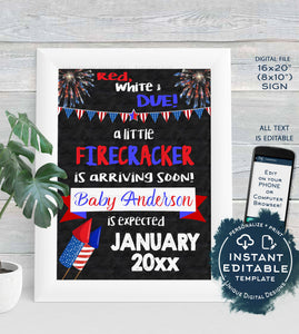 4th of July Pregnancy Announcement Sign, Firecracker Theme, July 4th Baby Announcement, Printable Chalkboard