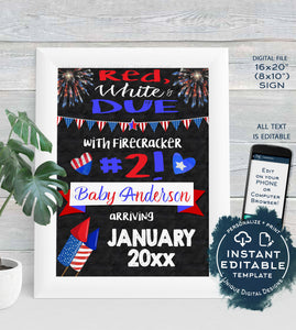 Baby #2 4th of July Pregnancy Announcement Sign Firecracker Theme July 4 Baby Arriving Printable Chalkboard