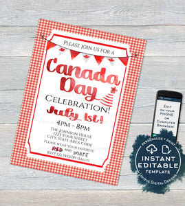 Oh Canada Day Invitation, Editable Canada Day BBQ Invite, Canada Eh July 1 Flag Summer Party Celebration Custom Personalize