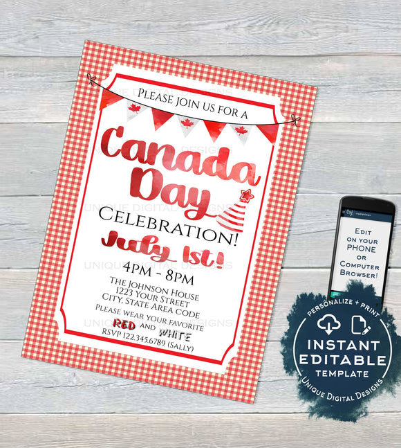 Oh Canada Day Invitation, Editable Canada Day BBQ Invite, Canada Eh July 1 Flag Summer Party Celebration Custom Personalize