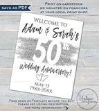 50th Anniversary Welcome Sign, Editable Wedding Anniversary Banner, ANY Year Decoration Silver Glitter, Printable