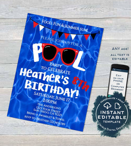 Editable Pool Party Invitation, Summer Splash Sunglasses Red White & Blue Party, ANY Age Pool Birthday party diy Printable