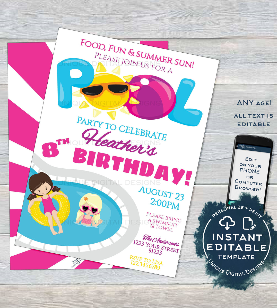 Editable Pool Party Invitation, Summer Splish Splash Girls Birthday Po