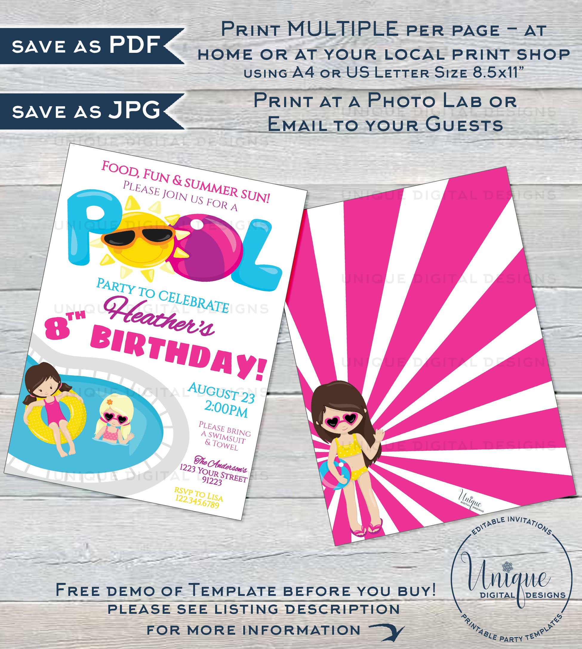Editable Pool Party Invitation, Summer Splish Splash Girls Birthday Po editable-pool-party-invitation-summer-splish-splash-girls-birthday-po