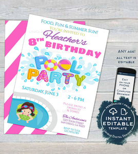 Editable Pool Party Invitation, Girls Summer Birthday Pool Party, ANY Age Pool Birthday Party Splash Swim, Custom Printable