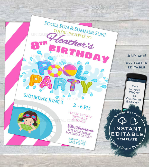 Editable Pool Party Invitation, Girls Summer Birthday Pool Party, ANY Age Pool Birthday Party Splash Swim, Custom Printable