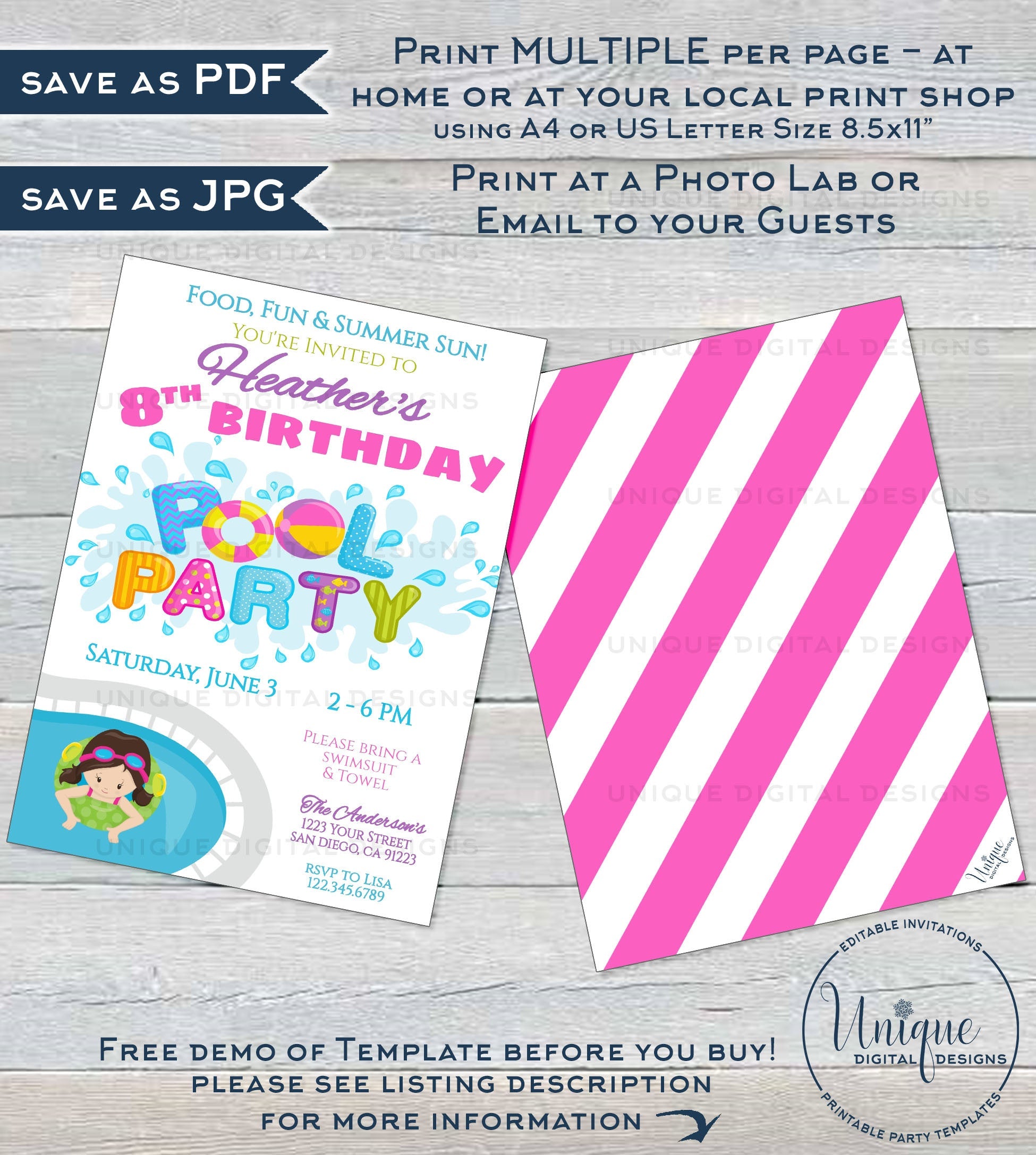 Editable Pool Party Invitation, Girls Summer Birthday Pool Party, ANY editable-pool-party-invitation-girls-summer-birthday-pool-party-any
