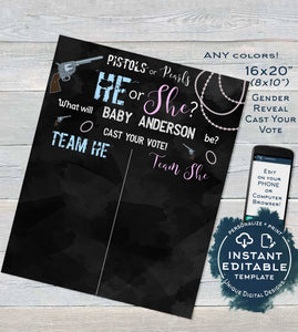 Pistols or Pearls Gender Reveal, Old Wives Tales & Cast Vote Signs, Editable He or She Chalkboard, What will Baby Printable