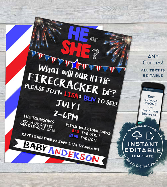 4th of July Firecracker Gender Reveal Invitation, Editable Baby Shower July 4th red white due, Custom Chalkboard Printable