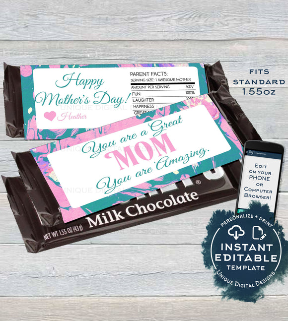 Mother's Day Gift Candy Bar Wrapper, Editable Mom Appreciation Chocolate Bar, Mum Day Custom Paint Pastel, Printable  1.55oz
