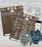 Rustic BaByQ Gender Reveal, Editable Old Wives Tales & Cast Vote Signs, He or She Summer BBQ Wood, What will Baby Printable