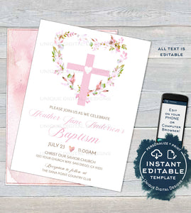 Editable Pink Floral Baptism Invitation , Baby Girl Baptism Invite with Monogram, Heart Cross Printable Christening
