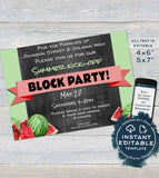 Summer Kick off Block Party Invitation, Editable Neighborhood Street Party, hoa bbq Watermelon Chalk Printable Personalized