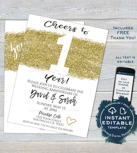 1 year Anniversary Invitation, Editable First Wedding Anniversary Paper 1st year Surprise Party Invite, Printable Template INSTANT DOWNLOAD