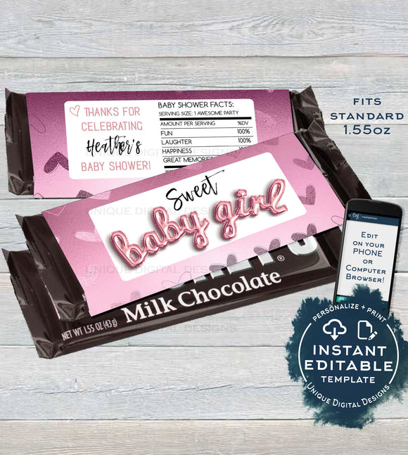 Personalized Girl Baby Shower Candy Bar Wrapper, Editable Baby Girl Chocolate Bar, Pink Baby Shower Custom Printable  1.55oz