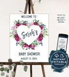 Baby Shower Welcome Sign , Editable Welcome Sign, Pink Purple Floral Welcome Poster, diy Sign for Girls Baby Shower