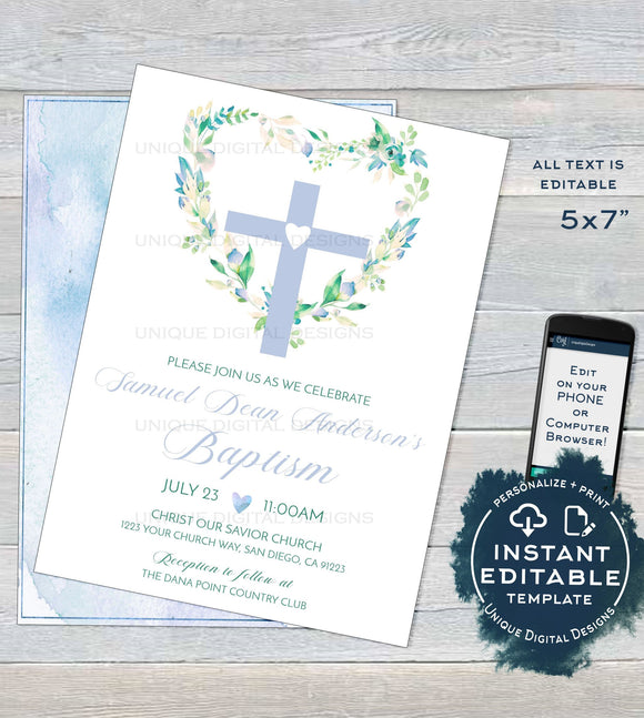 Editable Blue Floral Baptism Invitation , Baby Boys Baptism Invite, Heart Cross Printable Christening