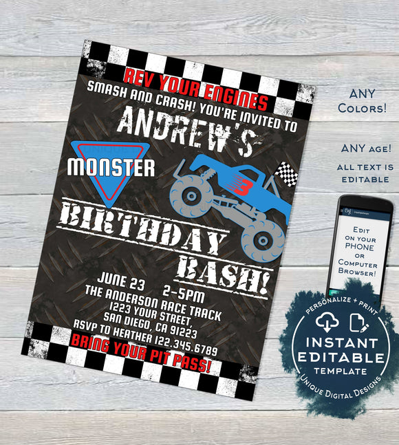 Monster Truck Birthday Invitation, Editable Birthday Bash Party, Rev your Engine Smash Crash Truck Rally Printable