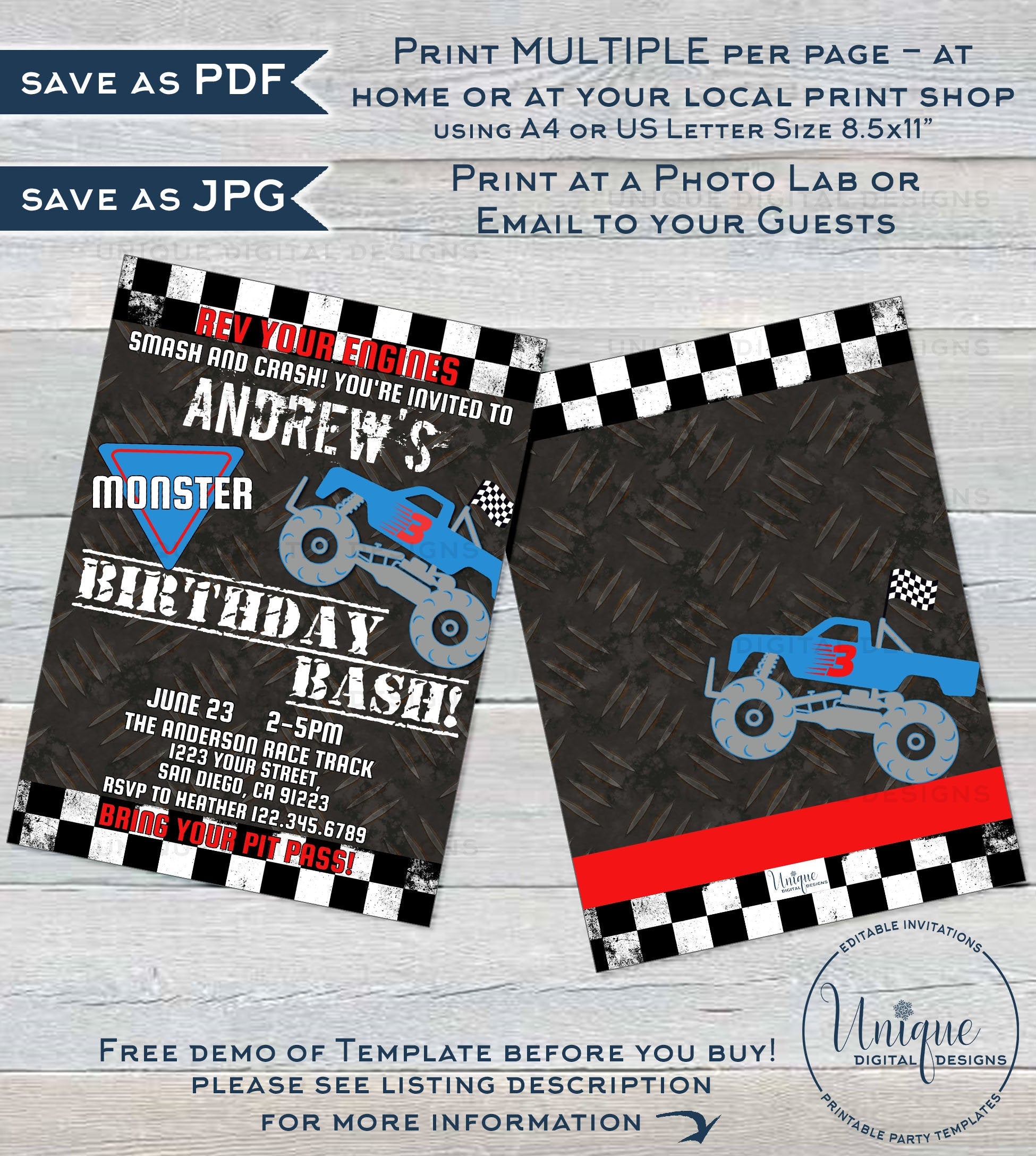 Monster Truck Birthday Invitation, Editable Birthday Bash Party, Rev y monster-truck-birthday-invitation-editable-birthday-bash-party-rev-y