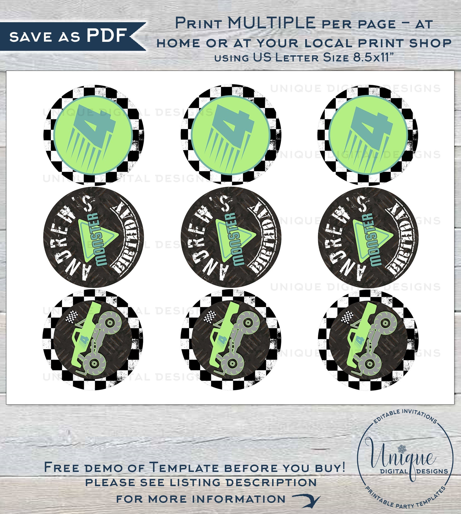 Monster Truck Cupcake Toppers, Editable Birthday Bash Party Rev Engine monster-truck-cupcake-toppers-editable-birthday-bash-party-rev-engine