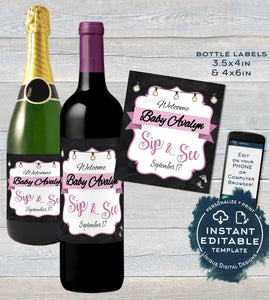 Sip and See Baby Shower Wine Bottle Label, Editable Wine Label Sticker, Champagne Gift for Baby Girl Avery Custom Printable