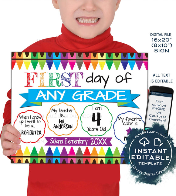 First day of School Sign reusable, 2-in-1 Last day of School Board, Crayons Any Grade, Custom Digital diy Printable