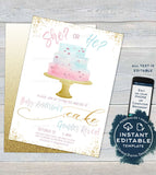 Cake Gender Reveal Invitation, Editable Baby Shower Invite, Team He vs She Reveal, Glitter Cake , Custom Printable