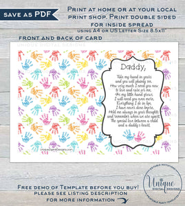 Personalized Fathers Day Card from Kids, Editable Last Minute Gift for Dad, Hand print Hold My Hand Poem, Custom Printable