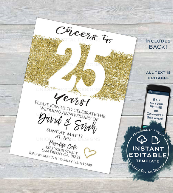 25 year Anniversary Invitation, Editable Twenty Wedding Anniversary Silver 25th Surprise Party Invite, diy Printable