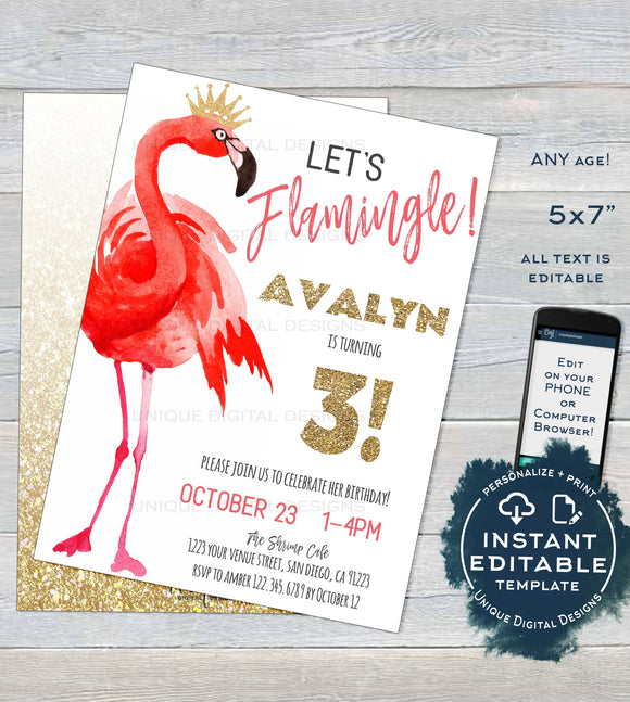 Let's Flamingle Birthday Party Invitation , Editable Girls Birthday Invite, ANY Age Pink Flamingo Party Printable